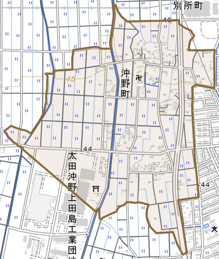 沖野町とその周辺の地図。町の範囲を重ねている