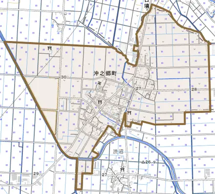沖之郷町とその周辺の地図。町の範囲を重ねている