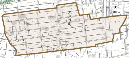 大久保町とその周辺の地図。町の範囲を重ねている