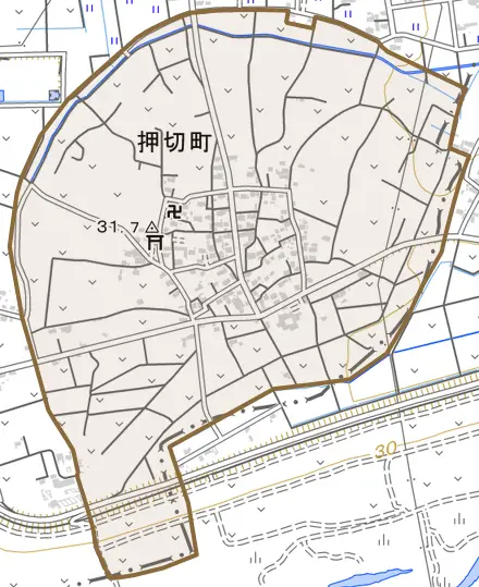 押切町とその周辺の地図。町の範囲を重ねている