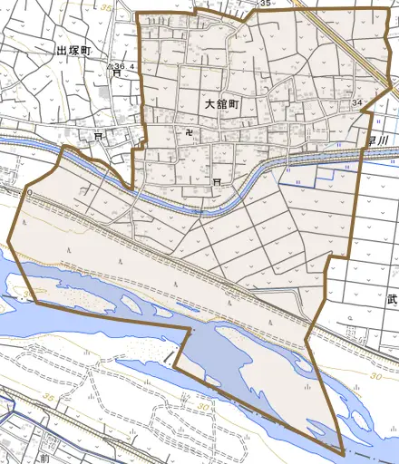 大舘町とその周辺の地図。町の範囲を重ねている