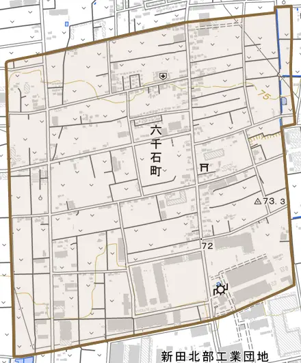 六千石町とその周辺の地図。町の範囲を重ねている