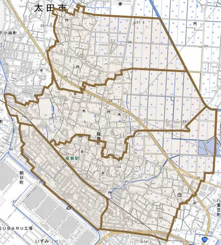 龍舞町とその周辺の地図。町の範囲を重ねている