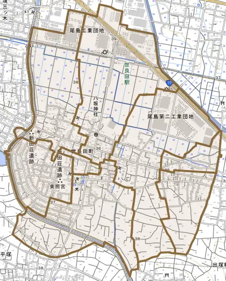 世良田町とその周辺の地図。町の範囲を重ねている
