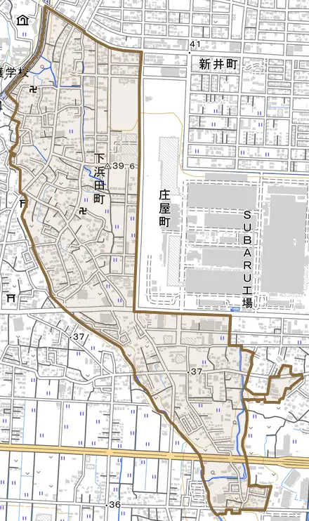 下浜田町とその周辺の地図。町の範囲を重ねている