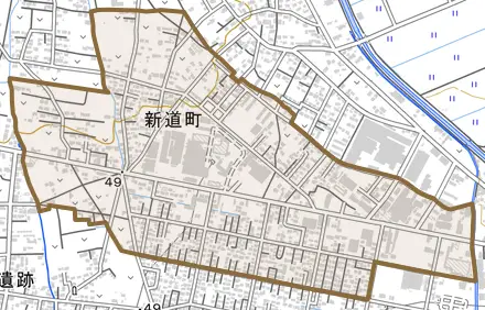 新道町とその周辺の地図。町の範囲を重ねている