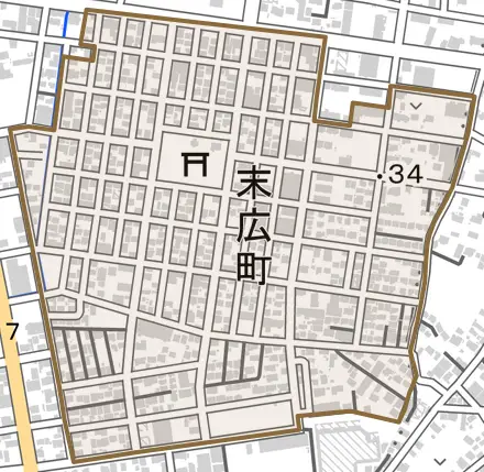 末広町とその周辺の地図。町の範囲を重ねている