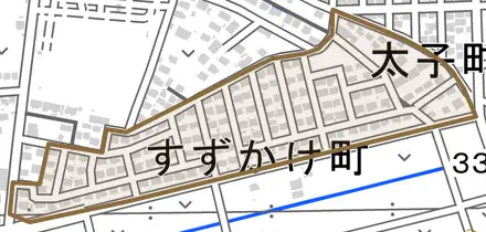 すずかけ町とその周辺の地図。町の範囲を重ねている