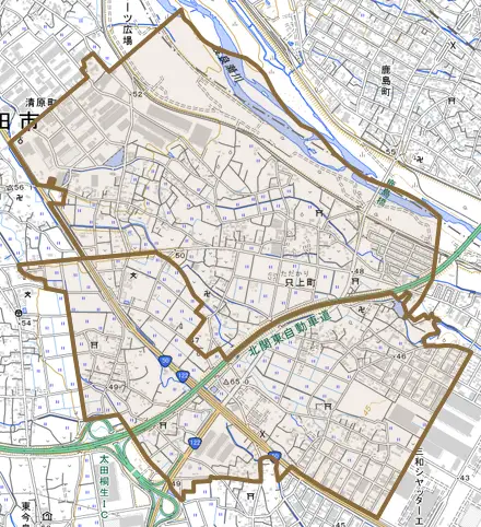 只上町とその周辺の地図。町の範囲を重ねている