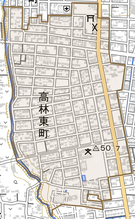 高林東町とその周辺の地図。町の範囲を重ねている