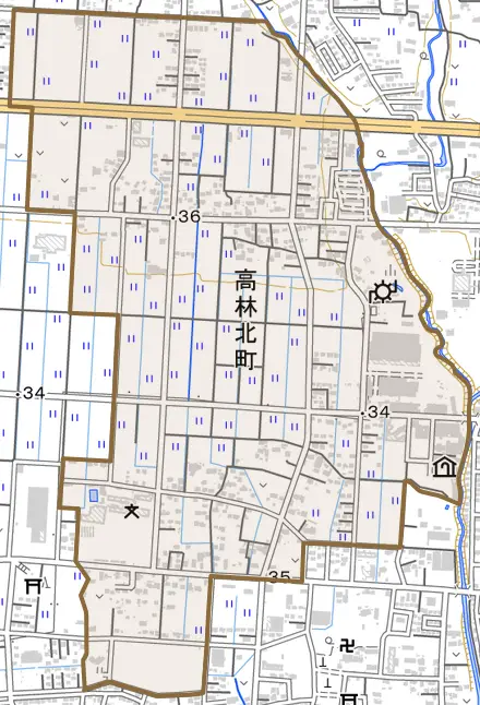 高林北町とその周辺の地図。町の範囲を重ねている