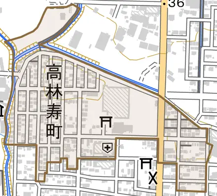 高林寿町とその周辺の地図。町の範囲を重ねている
