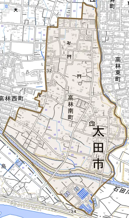 高林南町とその周辺の地図。町の範囲を重ねている
