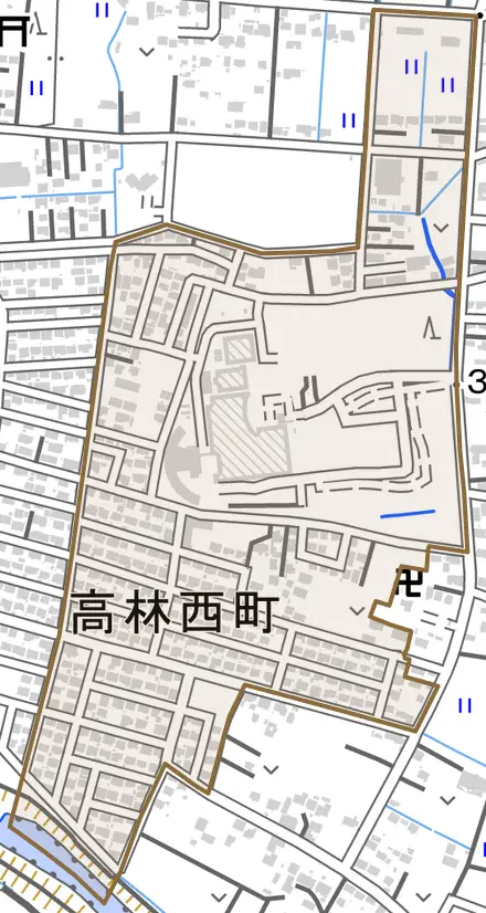 高林西町とその周辺の地図。町の範囲を重ねている