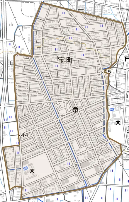 宝町とその周辺の地図。町の範囲を重ねている