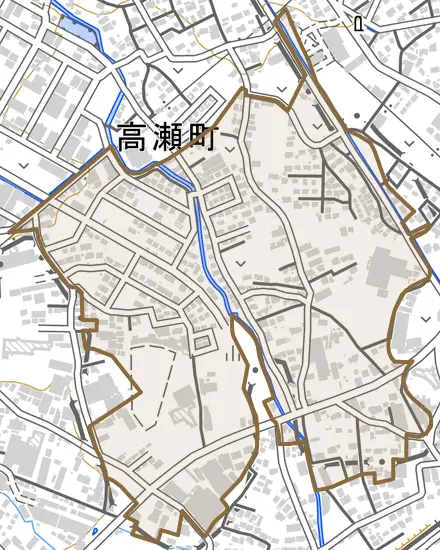 高瀬町とその周辺の地図。町の範囲を重ねている