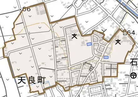 天良町とその周辺の地図。町の範囲を重ねている