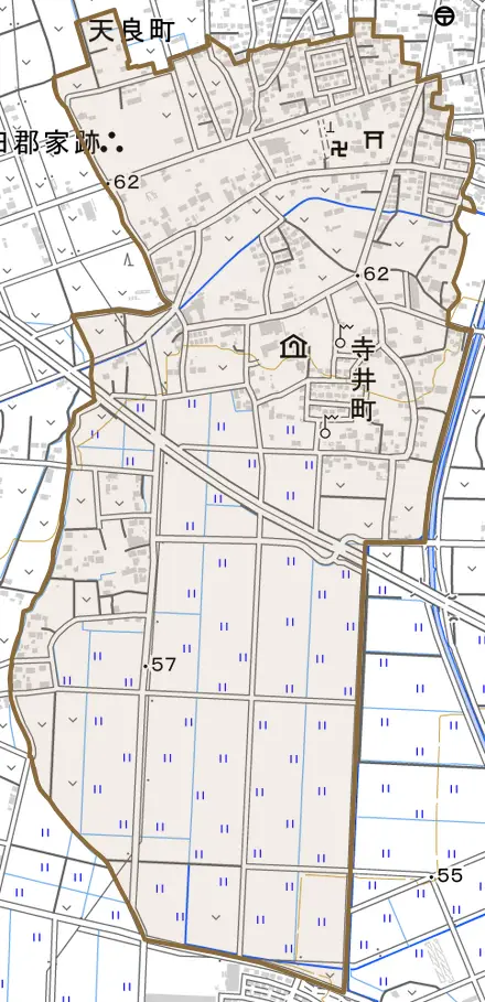 寺井町とその周辺の地図。町の範囲を重ねている