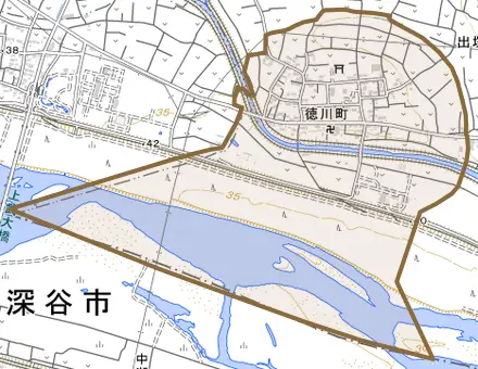 徳川町とその周辺の地図。町の範囲を重ねている