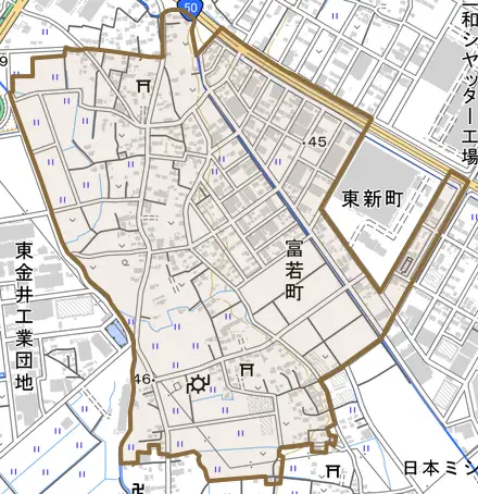 富若町とその周辺の地図。町の範囲を重ねている