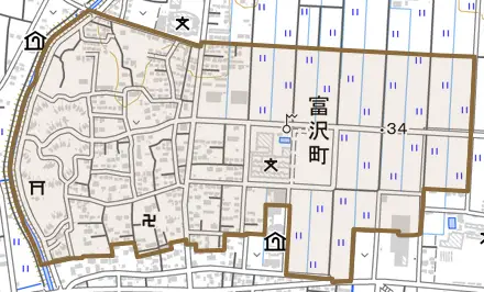 富沢町とその周辺の地図。町の範囲を重ねている