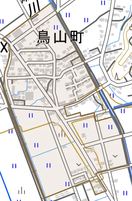 鳥山町とその周辺の地図。町の範囲を重ねている