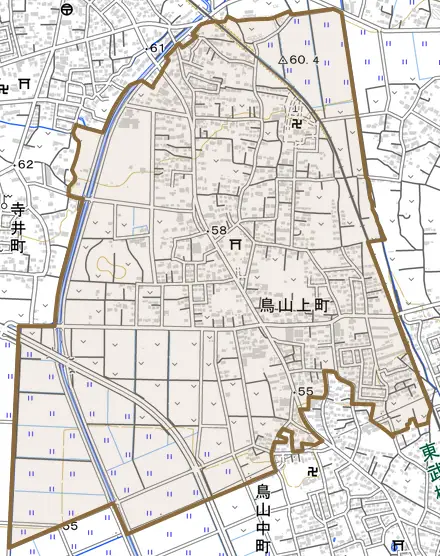 鳥山上町とその周辺の地図。町の範囲を重ねている