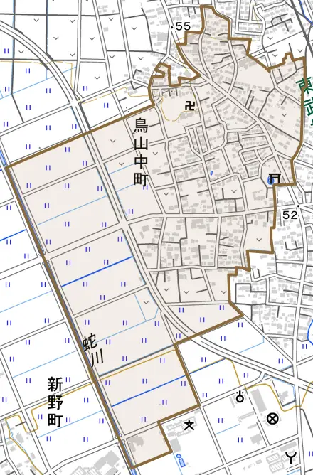 鳥山中町とその周辺の地図。町の範囲を重ねている