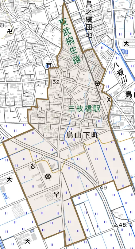 鳥山下町とその周辺の地図。町の範囲を重ねている