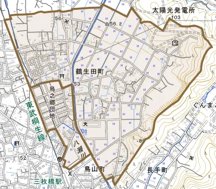 鶴生田町とその周辺の地図。町の範囲を重ねている