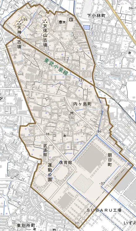 内ケ島町とその周辺の地図。町の範囲を重ねている