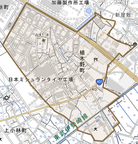 植木野町とその周辺の地図。町の範囲を重ねている