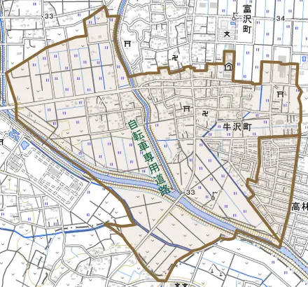 牛沢町とその周辺の地図。町の範囲を重ねている