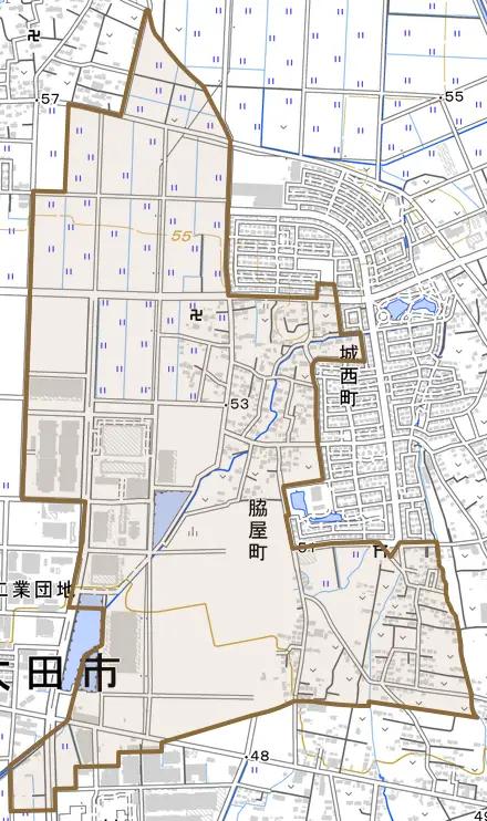 脇屋町とその周辺の地図。町の範囲を重ねている