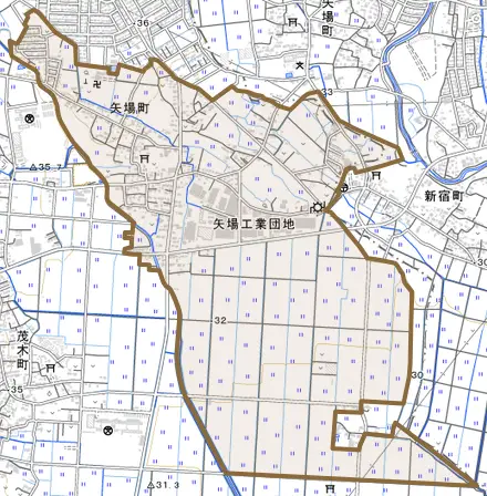 矢場町とその周辺の地図。町の範囲を重ねている