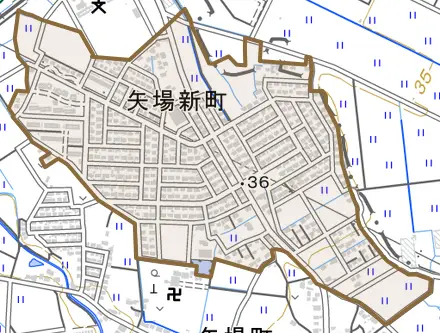 矢場新町とその周辺の地図。町の範囲を重ねている
