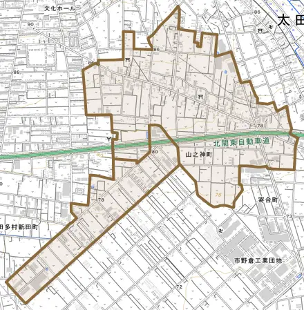 山之神町とその周辺の地図。町の範囲を重ねている