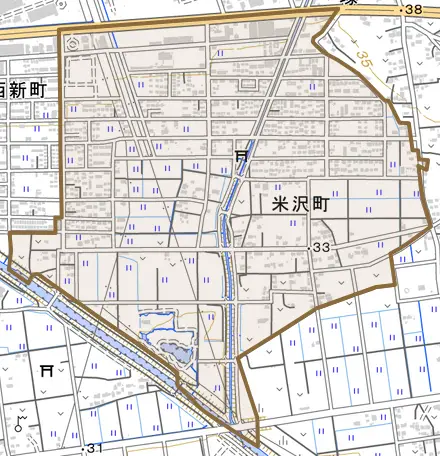 米沢町とその周辺の地図。町の範囲を重ねている