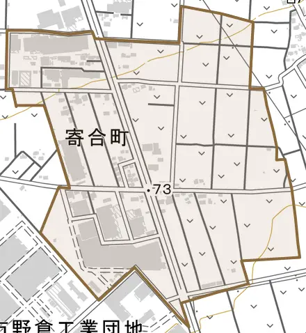寄合町とその周辺の地図。町の範囲を重ねている