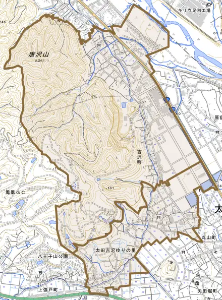 吉沢町とその周辺の地図。町の範囲を重ねている