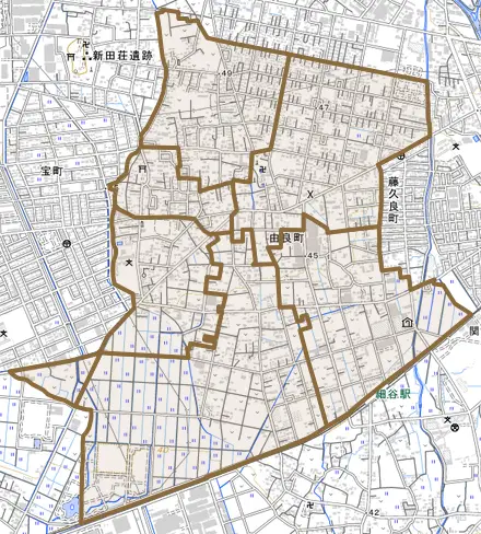 由良町とその周辺の地図。町の範囲を重ねている