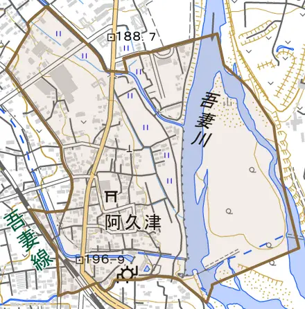 阿久津とその周辺の地図。町の範囲を重ねている
