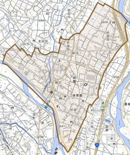 吹屋とその周辺の地図。町の範囲を重ねている