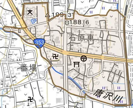石原とその周辺の地図。町の範囲を重ねている