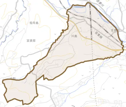 川島とその周辺の地図。町の範囲を重ねている