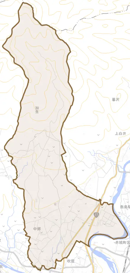 中郷とその周辺の地図。町の範囲を重ねている