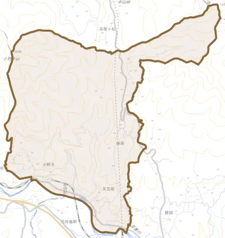 小野子とその周辺の地図。町の範囲を重ねている