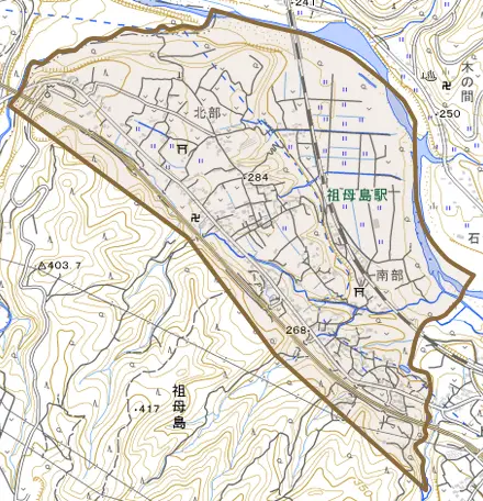 祖母島とその周辺の地図。町の範囲を重ねている