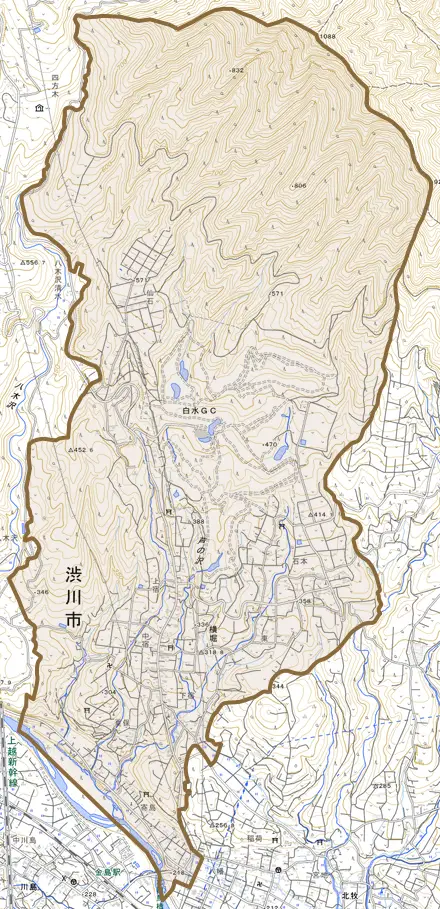 横堀とその周辺の地図。町の範囲を重ねている