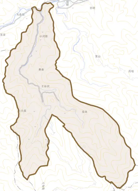 大字青倉とその周辺の地図。町の範囲を重ねている